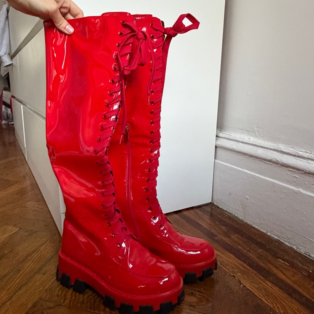 Red Lace-Up Knee-High Boots Dolls Kill Size 6